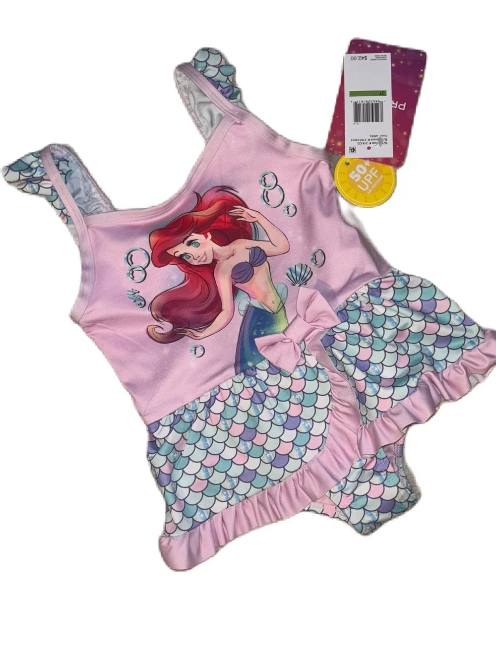 Girls Disney Princess Pink Little Mermaid Ariel One-Piece Swim Suit with UPF 50+